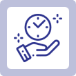 A blue and white icon of a hand holding an alarm clock.